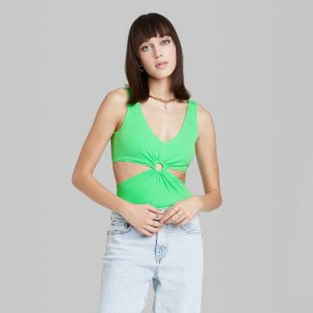 Side Cut Out Tank Bodysuit‎ Wild Fable Green XXL Layering Sexy V neck Sleeveless